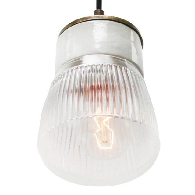 Mid-Century Modern Vintage Industrial White Porcelain and Brass Pendant Light with Striped Clear Glass For Sale - Image 3 of 7