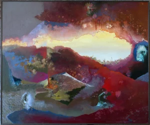 1983 "Crimson Labyrinth" Abstract Mixed-Media Painting by Suzanna Hart-Broughton, Framed
