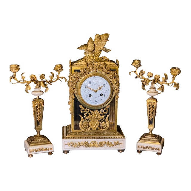 19th C French Louis XVI Bronze Marble Crystal Clock Set – 3 PCS For Sale