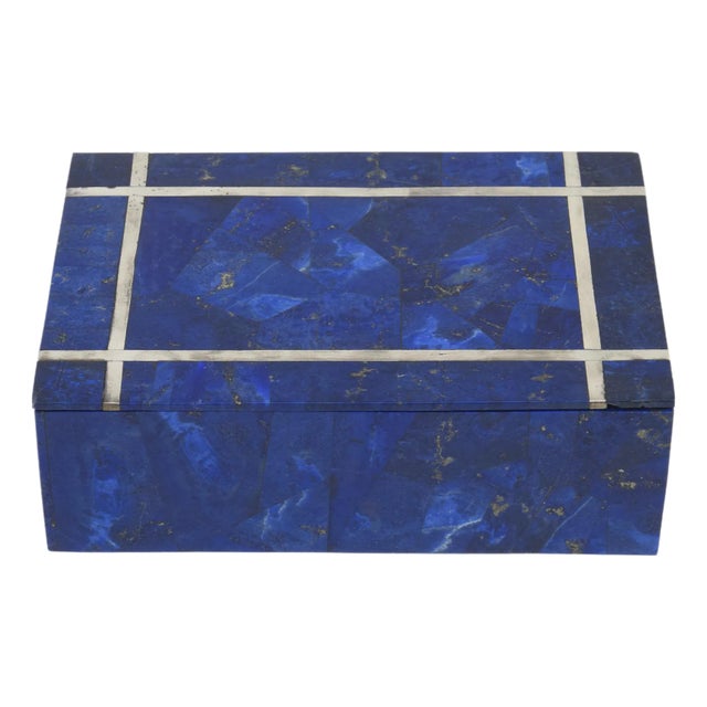Mid Century Modern Lapis Lazuli, Silver Inlay and Quartz Stone Box, 1950's For Sale