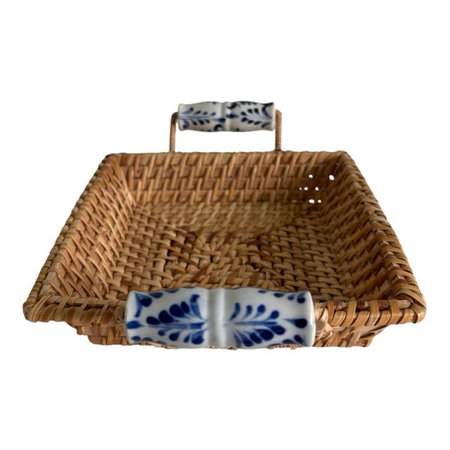 Traditional Vintage Rattan Napkin Holder Blue White Porcelain Handles For Sale - Image 3 of 5