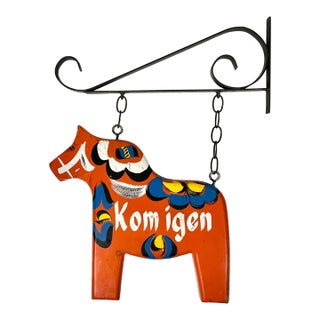 1970s Vintage Boho Chic Gustavian Swedish Dala Horse House Sign & Iron Bracket For Sale
