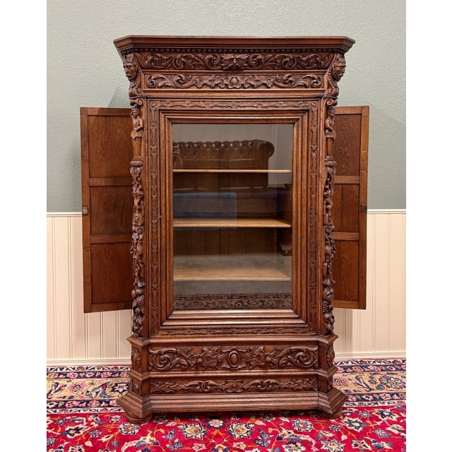 Brown Antique French Renaissance Revival Bookcase Cabinet Side Doors Oak C. 1880s For Sale - Image 8 of 13