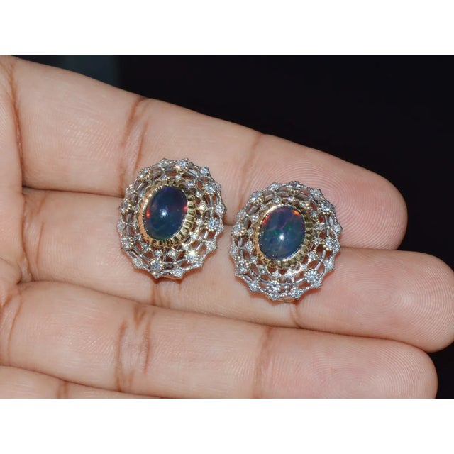 Gemstone Certified Natural 4.41Cts VS F Diamond Black Opal 18K Solid Gold Cocktail Earrings, A Pair For Sale - Image 7 of 10