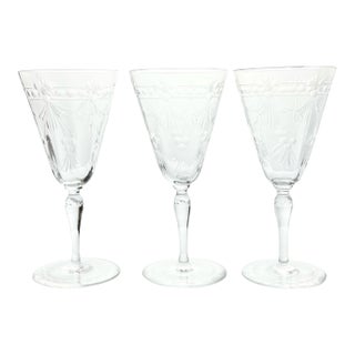 1940s Vintage Set of 3 Etched Flower & Garland Crystal Wine Glasses For Sale
