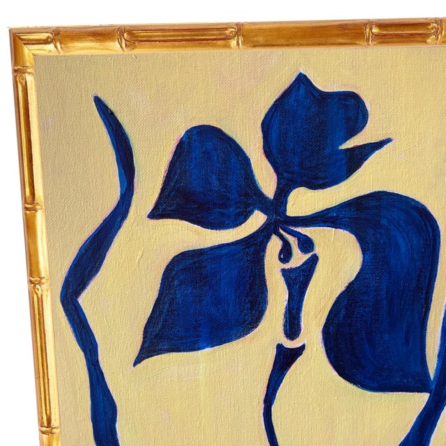 Boho Chic Original Iris Flower Painting in Gold Bamboo Frame, Oil on Canvas, 13" X 16" by Tatiana Duperault For Sale - Image 3 of 4