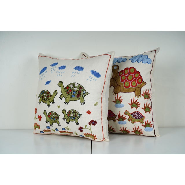 Mid-Century Modern Embroidered Suzani Turtle Pillow Cover - A Pair For Sale - Image 3 of 6