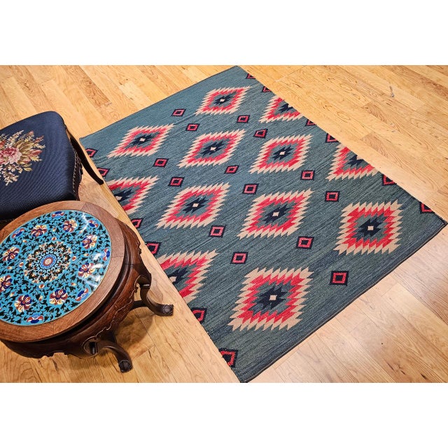 1900 - 1909 Vintage Southwestern Kilim Rug, Flat-Woven Wool, Geometric Pattern, Green & Red, 4x5 For Sale - Image 5 of 13