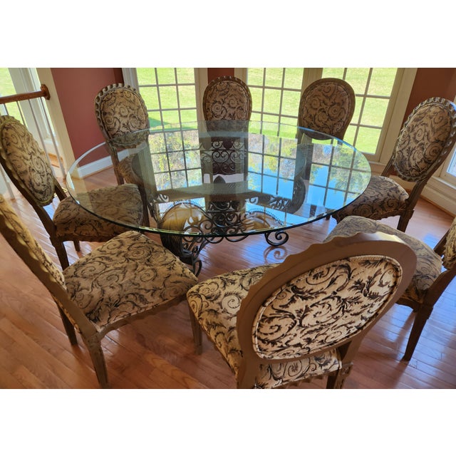 Custom Round Glass Dining Table With Eight Matching Chairs For Sale - Image 9 of 10