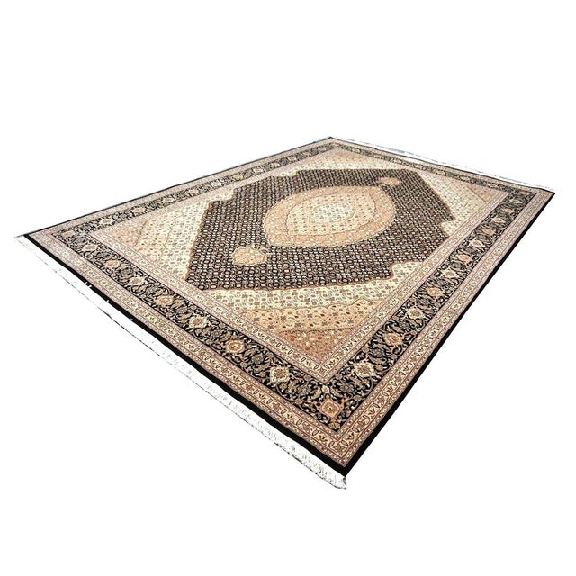 1980s Vintage Sino-Persian Tabriz Mahi Wool 9x12 Black & Ivory Handmade Area Rug #1144253 For Sale - Image 5 of 10
