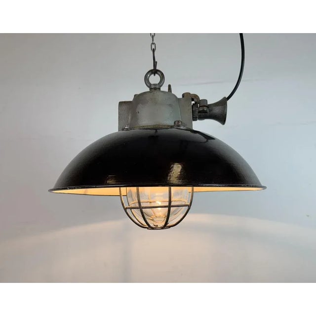 Industrial Black Enamel and Cast Iron Cage Pendant Light from Elektrosvit, 1960s For Sale - Image 16 of 18