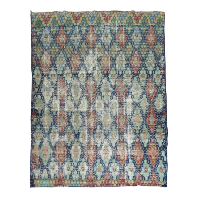 Blue Shabby Chic Vintage Anatolian Deco Carpet - 6'11" x 9'8" For Sale