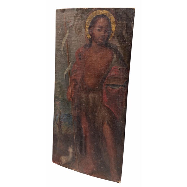 Antique 18th C Religious Oil Painting of Is Saint John the Baptist. It is an original oil on canvas later laid down on board.