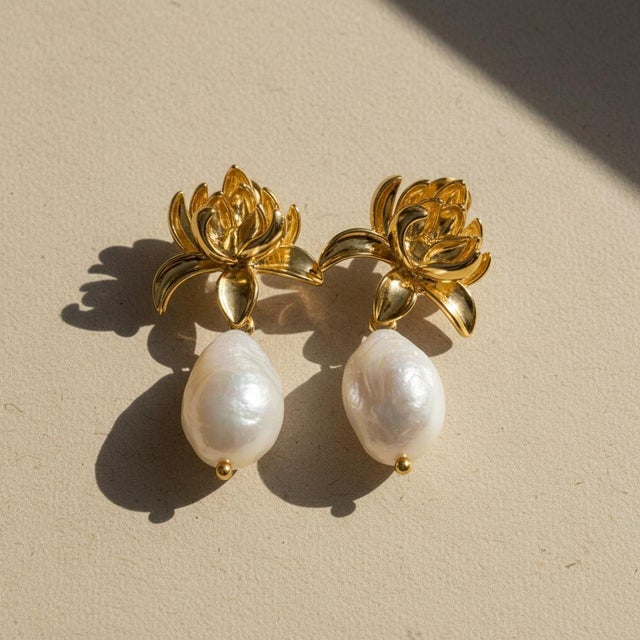 Metal Lotus Freshwater Pearl Drop Earrings, Pair For Sale - Image 7 of 7