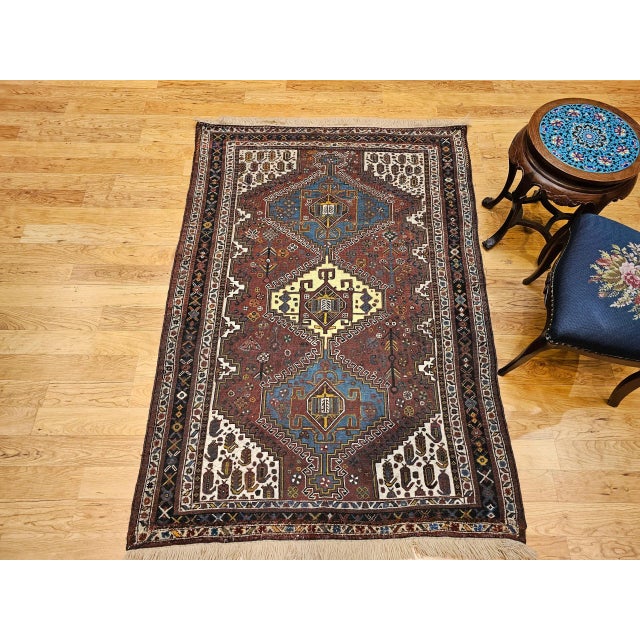 Vintage Persian Qashqai Tribal Area Rug, Handwoven Geometric Pattern, Rust Red & Ivory, 4’ X 6’ For Sale - Image 4 of 12