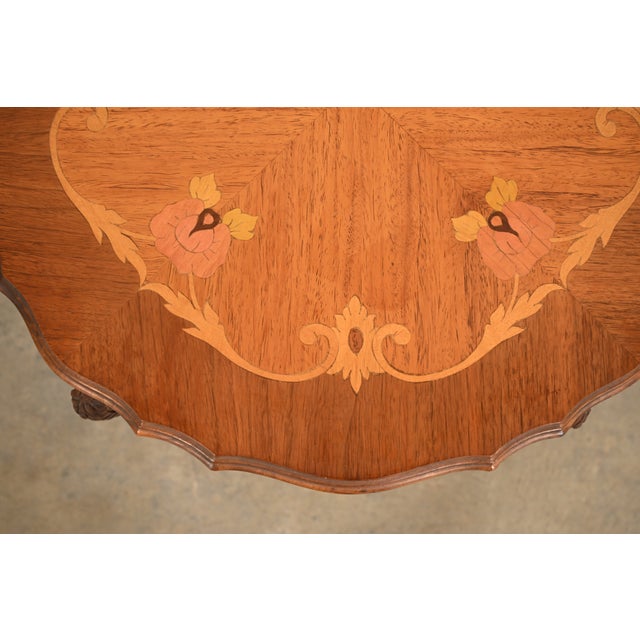 Brown Romweber Style French Provincial Louis XV Carved Walnut and Satinwood Inlaid Marquetry Side Table, Circa 1930s For Sale - Image 8 of 14