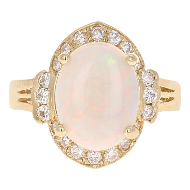 2.75 Carat Opal Diamond Yellow Gold Cocktail Ring, Size 7 For Sale