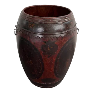 Antique Chinese Painted Wood Grain Barrel Basket