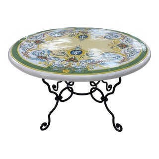 Hand Painted and Glazed Ceramic Dining Table With Iron Base For Sale