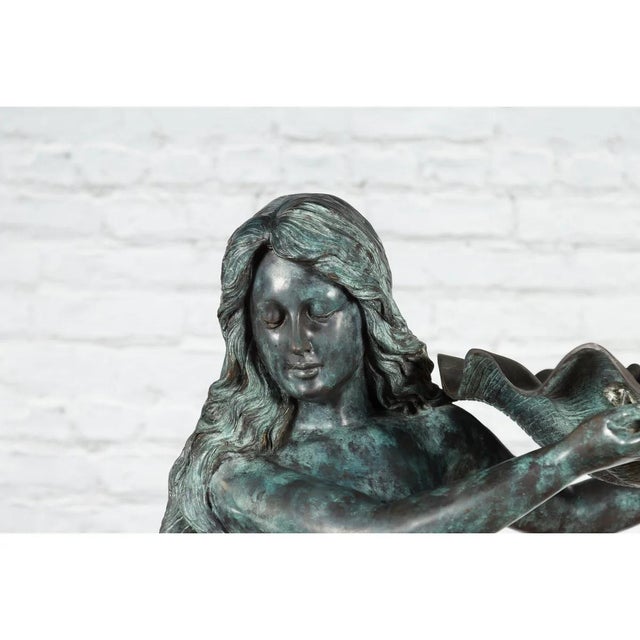 1960s Bronze Sea Nymph Fountain with Large Shell and Turtle in Verdigris Patina For Sale - Image 10 of 17