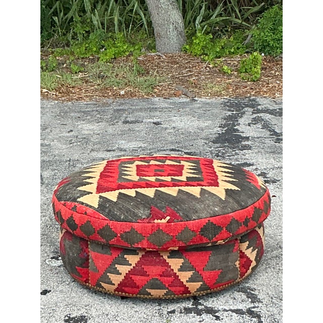 Rustic Vintage Boho Kilim Ottoman For Sale - Image 3 of 10