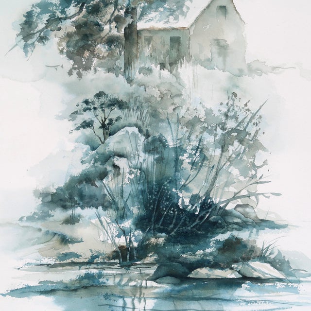 This original watercolor landscape by Tulsa artist Ellen Shannon presents an atmospheric natural scene rendered through...