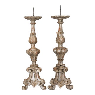 18th-Century Italian Silver Gilt Wood Pricket Candlesticks - a Pair For Sale