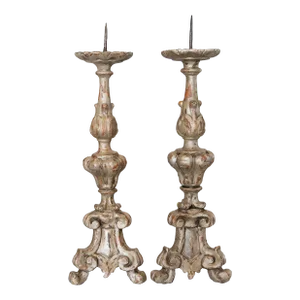 18th-Century Italian Silver Gilt Wood Pricket Candlesticks - a Pair