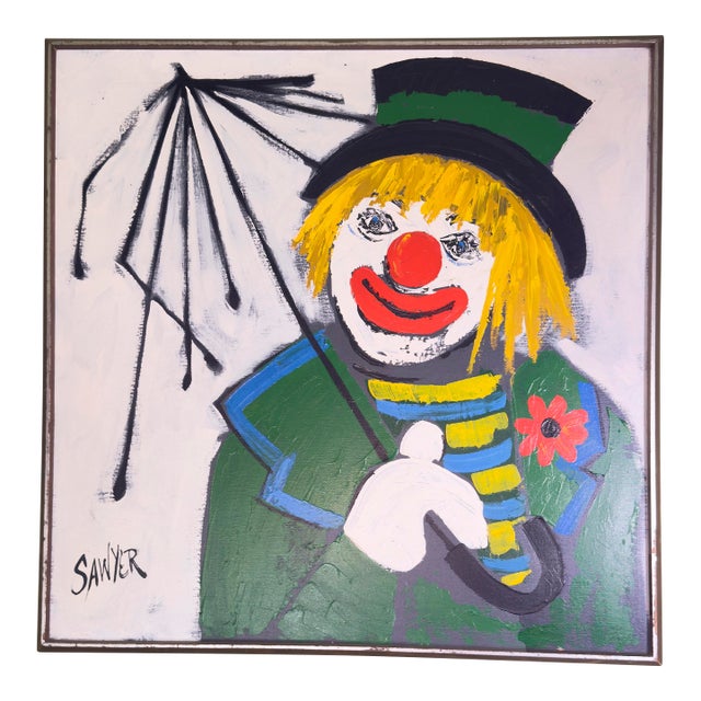 Vintage “Sawyer” Original Clown Painting, Oil on Canvas, Mid‑20th Century Folk Art For Sale