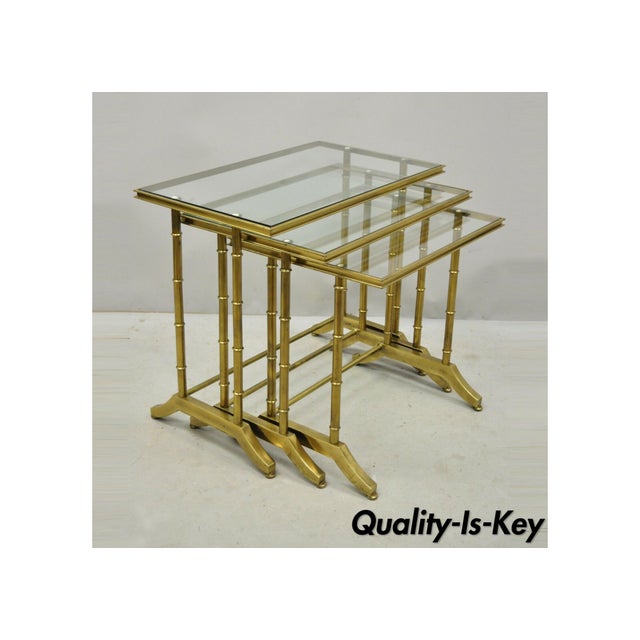 Brass Faux Bamboo Glass Top Nesting Side Tables Set of 3 Chairish