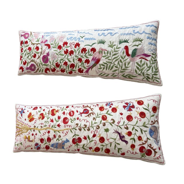 Mid-Century Modern White Bird Suzani Lumbar Pillow Cover 18'' X 54'' - Set of Two For Sale - Image 3 of 4