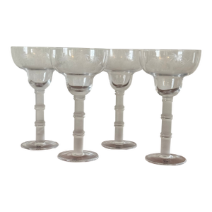 Vintage Satin Glass Water Goblet / Wine Glass / Champagne Glass With Bamboo Stem and Etched Palm Trees, Set of 4