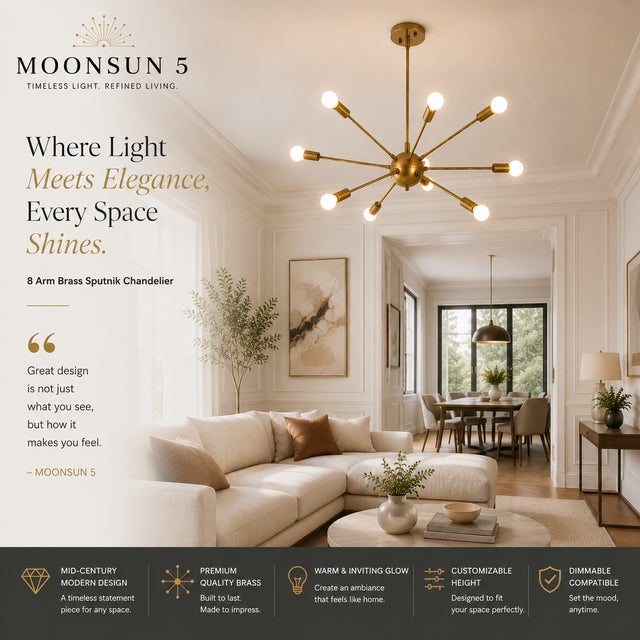 Modern Brass Chandelier With 8 Arms, Contemporary Lighting Fixture, Ceiling Light, Living Room or Dining Room Decor, Stylish and Elegant For Sale - Image 9 of 16