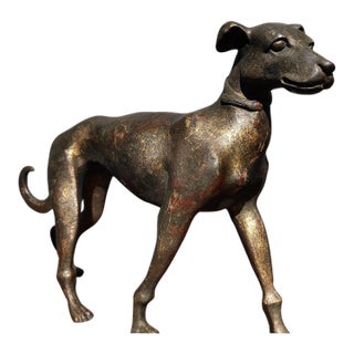 Early 20th Century Gilt Bronze Dog Figure – 7.9" Standing Hound Sculpture With Red Pigment For Sale