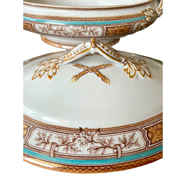 Ceramic 19th Century Edge, Malkin & Co. Staffordishire Hand Painted Turquoise and Brown Porcelain Tureens With Gold Gilding - a Pair For Sale - Image 7 of 14