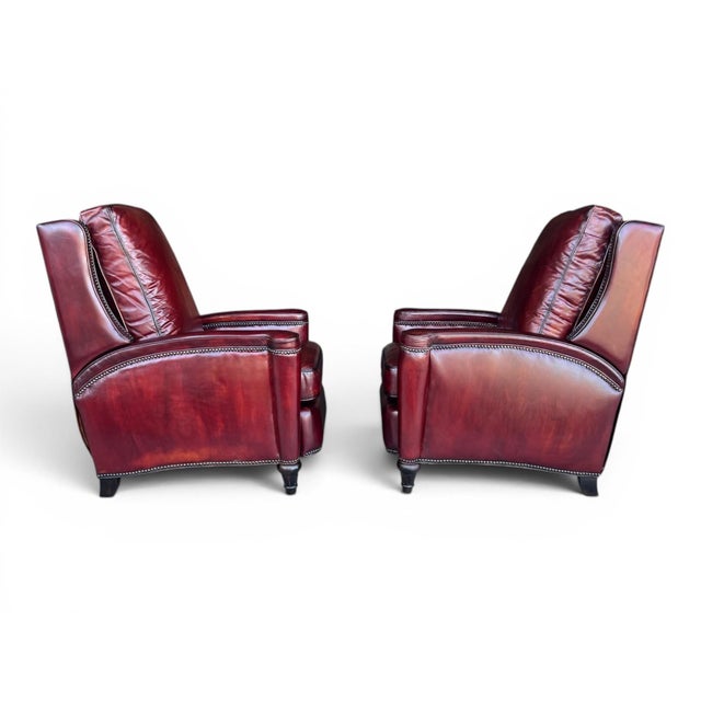 Pair of Vintage English Wingback Recliners in Burgundy Oxblood Leather For Sale In Los Angeles - Image 6 of 16