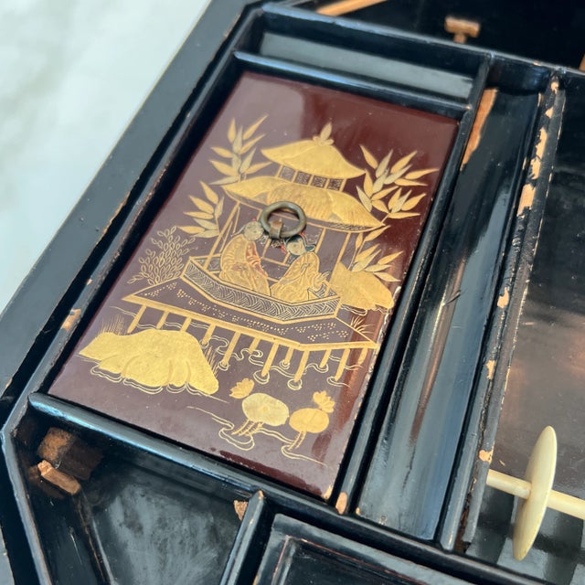 Maroon Antique 19th Century Finely Painted Oxblood Chinese Export Lacquered Sewing Box For Sale - Image 8 of 9