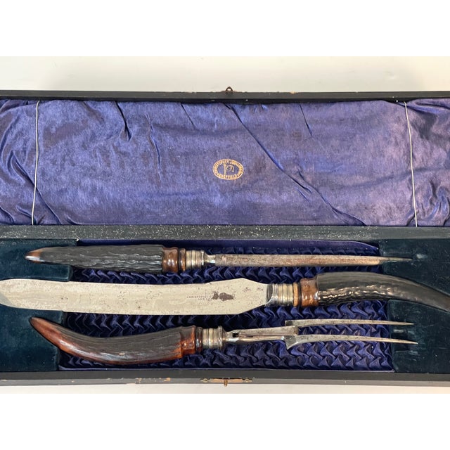 Antique English Stag Horn Carving Set of 3 Christopher Johnson Sheffield with box For Sale - Image 4 of 5