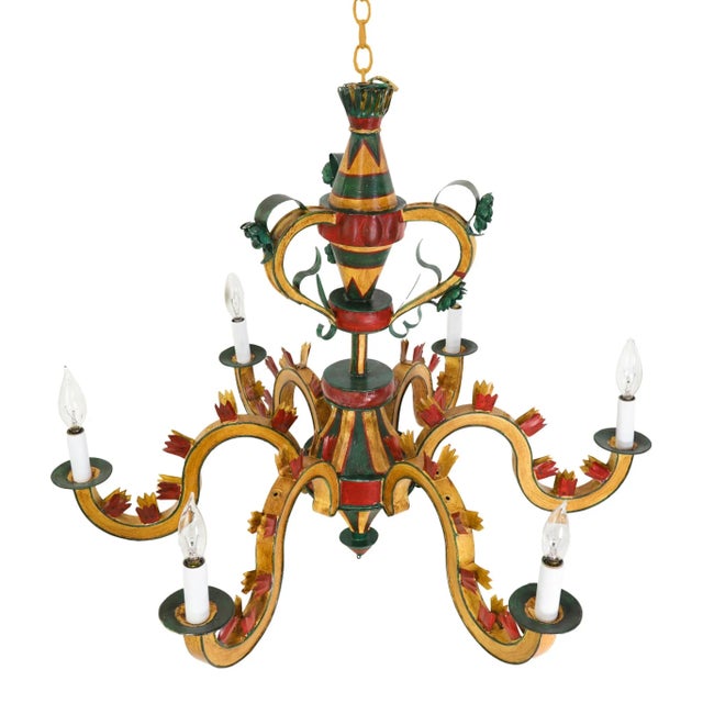 Vintage Six-Arm Tole Chandelier Hand-Painted in Gold, Green, and Red For Sale In New York - Image 6 of 13