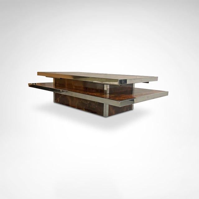Sliding Two-Tier Burl Wood and Metal Coffee Table with Integrated Bar, 1980s For Sale - Image 4 of 9