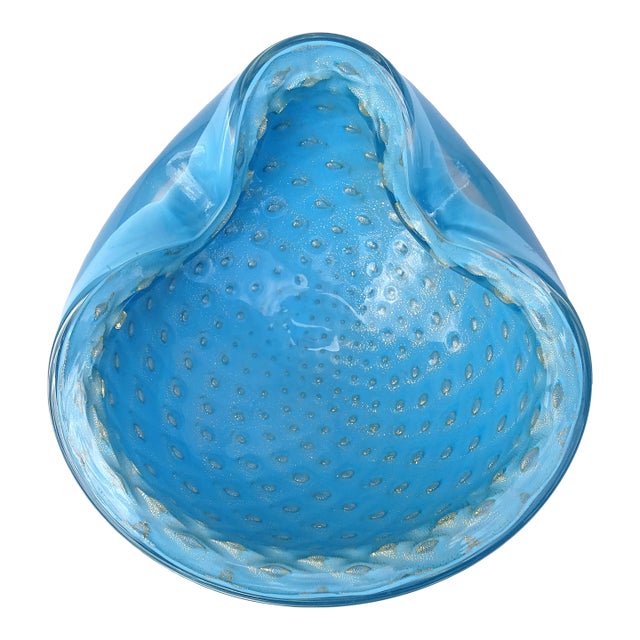 Vintage Barbini Murano Sky Blue Gold Flecks Control Bubbles Vintage Italian Art Glass Bowl Ashtray For Sale