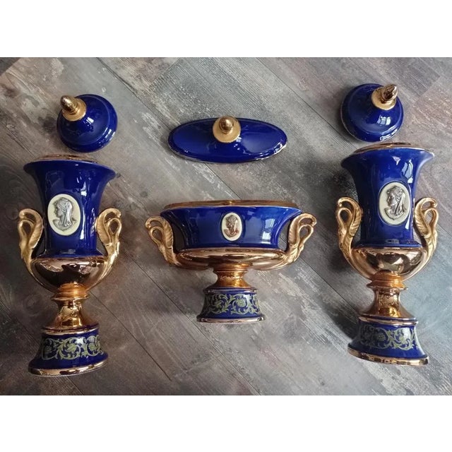 Mantelpiece in Cobalt Blue and Gold Ceramic, 1920s-1930s, Set of 3 For Sale - Image 6 of 9