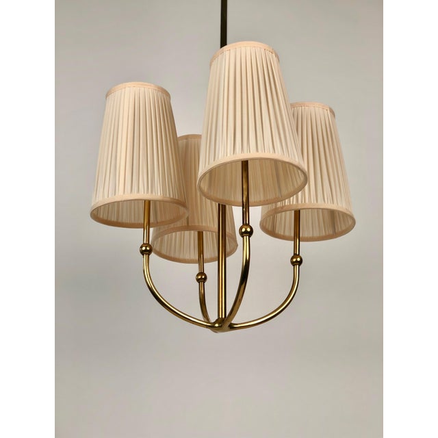 4-Arm Chandelier in Brass with Silk Shades, Austria, 1930s For Sale - Image 3 of 17