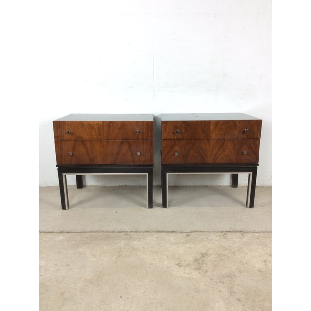 1970s Pair of Mid Century Modern Two Drawer Nightstands With Chrome Accents For Sale - Image 16 of 18