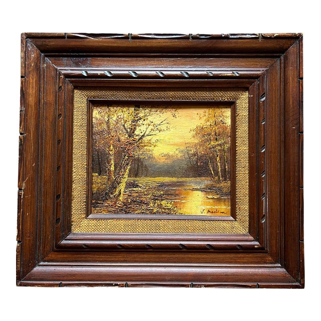 Vintage Autumn Woodland Landscape Oil Painting in Wood Frame 8 X 10” For Sale