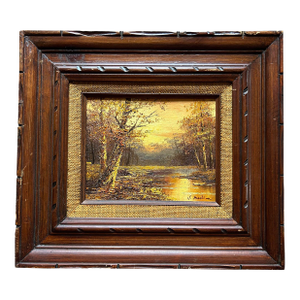 Vintage Autumn Woodland Landscape Oil Painting in Wood Frame 8 X 10”