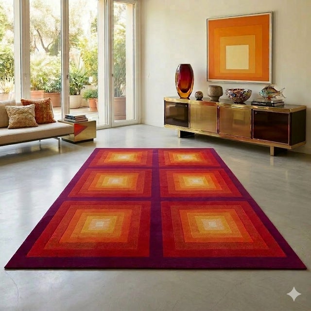 1970s This gorgeous "Quadrat" space age model rug in whool embodies the distinctive style of Verner Panton, featuring a...