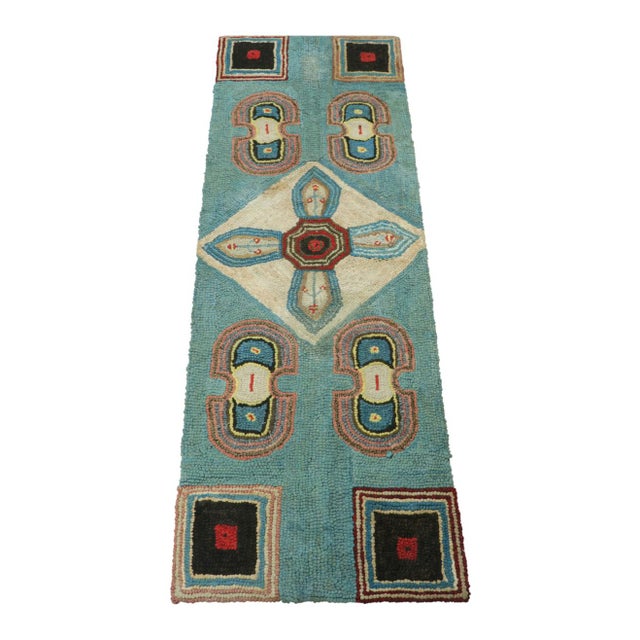 1920s Antique Hooked Runner Rug in Blue With Geometric Medallions | Rug & Kilim For Sale - Image 5 of 7