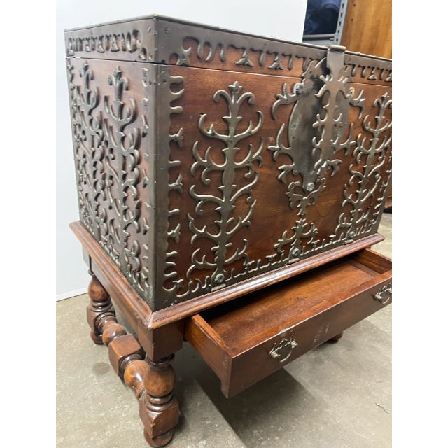 Brown Late 20th Century Vintage Tudor Style Wood and Iron Trunk on Stand For Sale - Image 8 of 12