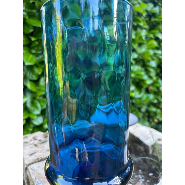1960s 1960s Mid Century Modern Empoli Deep Teal Blue Optic Art Glass Vase With Pedestal - Italian Mouth Blown Empoli For Sale - Image 5 of 12